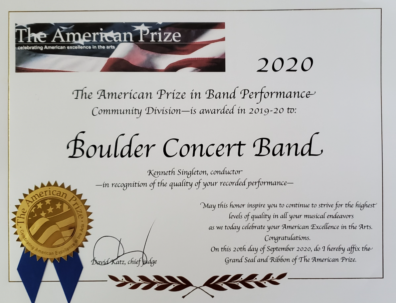 The American Prize certificate