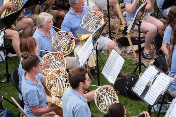 Overhead view of french horn group playing outdoors