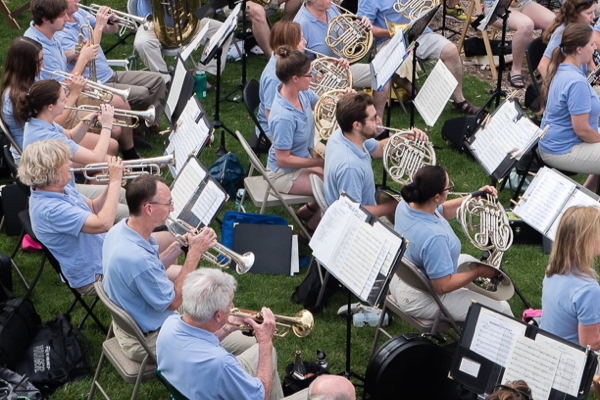 Overhead view of brass group playing outdoors