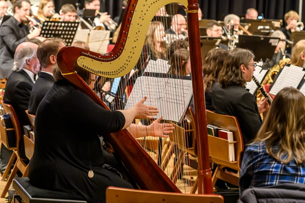 rear view of a group of people playing wind instruments, witn a harp and harpist in the foreground